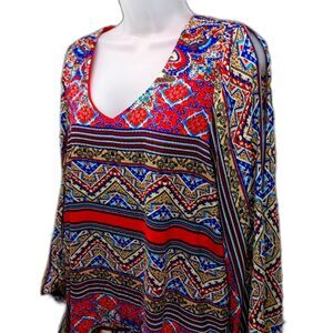 CATO Woman's Medium Lined Midi V- Neck Long Sleeve Multicolor Pattern. Blue/ Red